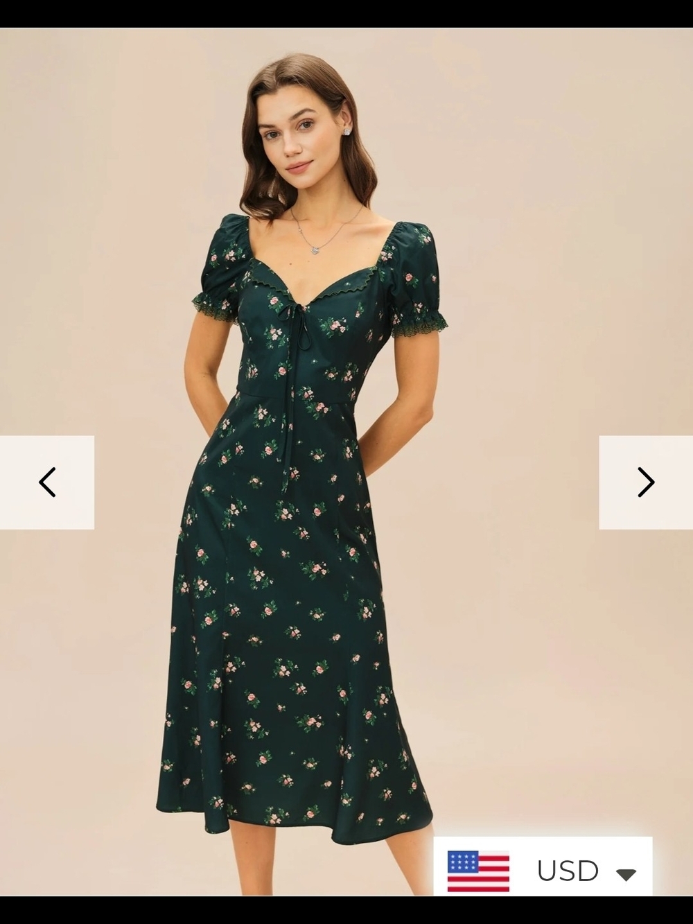 RIHOAS Dark Green Floral Midi Dress with Puff Sleeves Size XL Retro #028(B4)